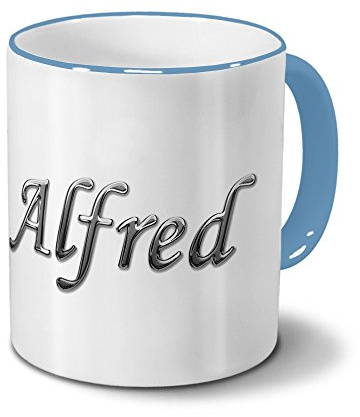 printplanet Tasse mit Namen Alfred - Motiv Chrom-Schriftzug - Namenstasse, Kaffeebecher, Mug, Becher, Kaffeetasse - Farbe Hellblau