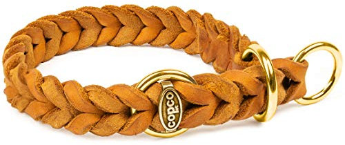 CopcoPet Hundehalsband Würger 55–60 cm x 25mm Cognac – Geflochtenes Halsband mit Zugstopp & Messing Ring – Aus robustem Fettleder – Für große Hunde – Weiches Lederhalsband fürs Training