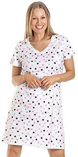 Camille Womens Nightdresses Smooth Soft 100% Cotton - Short Sleeved Breathable & Lightweight Summer Nighties - White - 14-16