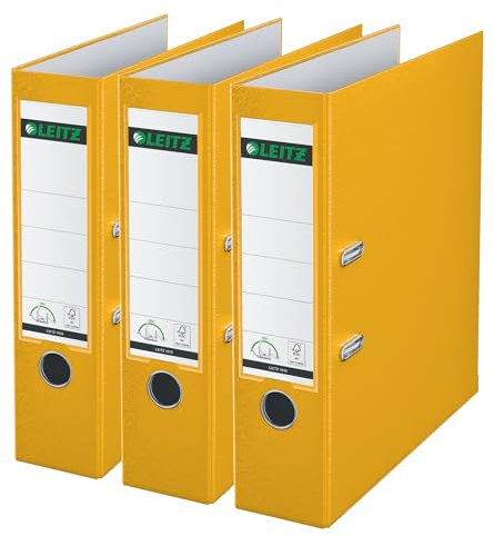 Leitz Qualitäts-Ordner 180° Plastik, 3er Pack, das Original, A4 Aktenordner 8 cm breit, 90% Recycling-Karton, 30% Pre-Consumer Recycling-Kunststoff, 180° Mechanik, 600 Blatt Kapazität, Gelb, 310335015