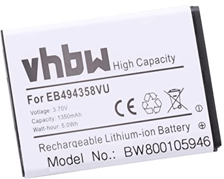 vhbw 1x Akku kompatibel mit Samsung Galaxy Ace Duos, Fit GT-S5670, Cooper, Ace, Fame Lite Handy Smartphone Telefon (1350 mAh, 3,7 V, Li-Ion)