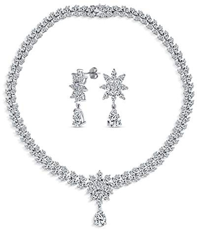 Brautschmuck-Set, Art-Deco, Vintage-Stil, Zirkonia, Marquiseschliff, Tropfenform, AAA CZ, Statement-Dekolleté, Choker-Halskette und Kronleuchter, baumelnde Ohrringe für Frauen oder Festzug