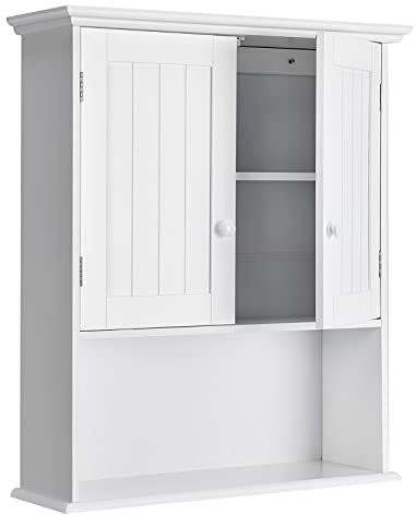 Tangkula Wandhalterung Badezimmerschrank Holz Medizinschrank Aufbewahrung Organizer mit 2 Türen und 1 Regal Cottage Collection Wandschrank Weiß