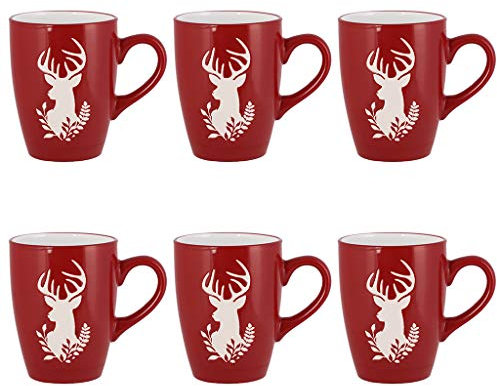 Set of 6 Red & White Reindeer Dishwasher & Microwave Safe Stoneware Mugs