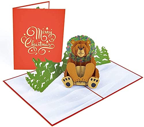 PopLife Holiday Bear Pop Up Weihnachtskarte, blanko, Frohe Weihnachten Gruß, Grizzly Karte, Neujahr – flach zusammenklappbar für den Versand Enkelkinder, Papa, Opa, Tierliebhaber