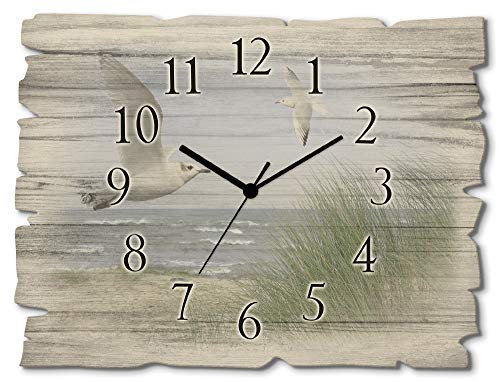 ARTLAND Wanddeko Wanduhr ohne Tickgeräusche aus Holz Funkuhr 40x30 cm Rechteckig Lautlos Strand Meer Nordseestrand Möwe Nordsee Maritim J5QH