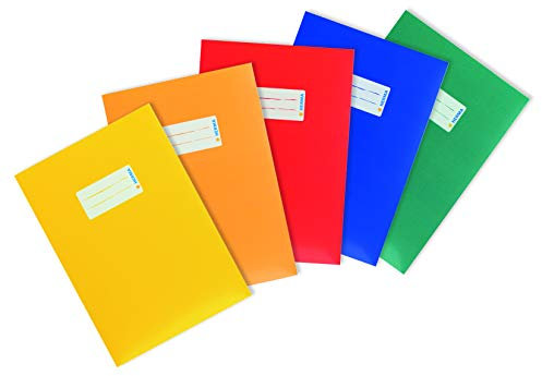 HERMA 20228 Heftumschläge A5 Karton Bunt, 5 Stück, Hefthüllen mit Beschriftungsfeld aus stabilem & extra starkem Papier, Heftschoner Set für Schulhefte, farbig