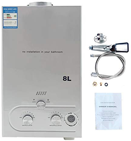 Cozyel 8L 16KW Tragbarer Gas Durchlauferhitzer Propangas Campingdusche für Dusche im Außenbereich Dusche Bad Warmwasser Camping Dusche LPG Warmwasserbereiter Warmwasser Tankless Instant, Silber