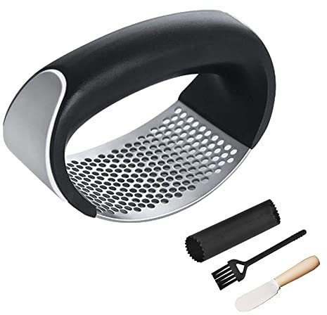 Stainless Steel Garlic Smash, Press Rocker Mincer/ Crusher/ Chopper with Peeler and Scraper Brush