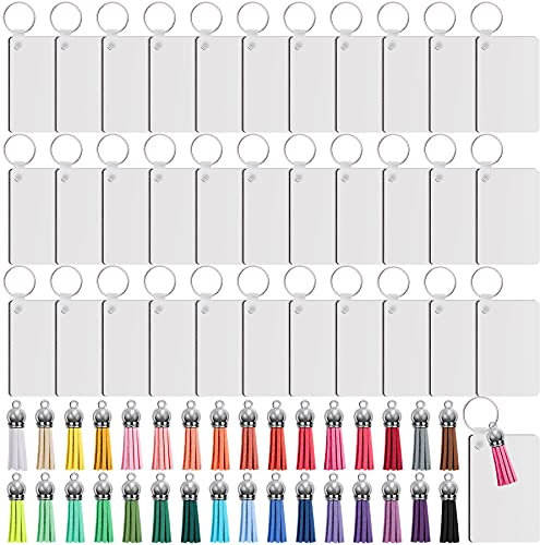 Duufin Lot de 96 Porte-Clés Vierges pour Sublimation - 32 Rectangulaires en MDF, 32 Pompons, 32 pour Transfert Thermique - Loisirs Créatifs