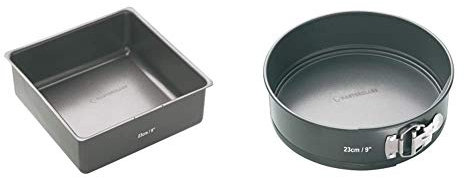 MasterClass KCMCHB35 23 cm Deep Cake Tin with PFOA Free Non Stick and Loose Bottom, 9 Inch Square Pan, Grey & Non-Stick Quick-Release Springform Cake Tin with Loose Base, Carbon, Grey, 23 cm