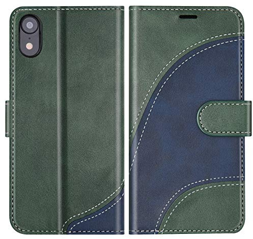 BoxTii Hülle für iPhone XR, Leder Handyhülle für iPhone XR, Ledertasche Klapphülle Schutzhülle mit Kartenfächer und Magnetverschluss, Grün