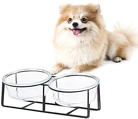Gamelles Surélevées pour Chats et Chiots - Set de Petits Bols en Verre avec Support Métallique - 2 x 400 ML - Transparent