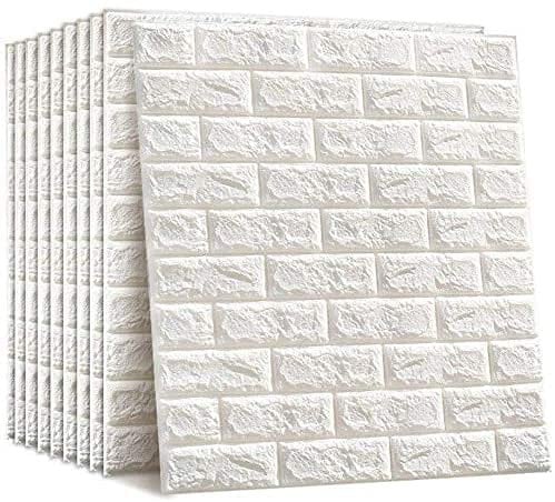 Carta da parati 3D in mattoni, 10 pezzi di carta da parati autoadesiva, adesivi murali impermeabili fai da te con motivo a mattoni bianchi per soggiorno e camera da letto, 77 x 70 cm (Bianco)