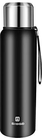 Vacuum Insulated Flask 1000ml/33oz with Cup lid Stainless Steel Thermo Water Flasks Leakproof Keep Coffee hot&Cold Drink Bottle.(Black,1000ml)