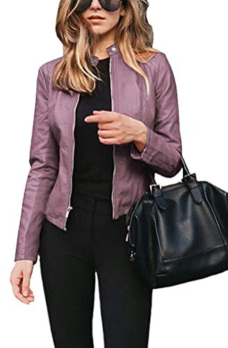 Onsoyours Donna Autunno Inverno Ecopelle PU Giacca da Moto Outwear Colore Solido Manica Lunga Cerniera Slim Bomber Jacket Giubbotto Cappotto A Viola S