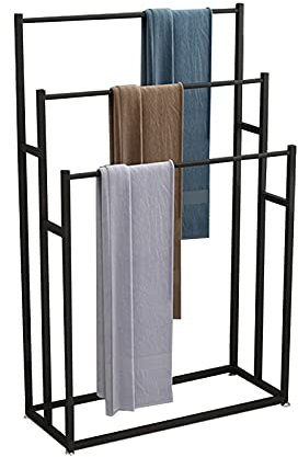 SJASD Freistehender Handtuchhalter, 3-Handtuchstangen Habdtuchhalterung für Badezimmer, Handtuchständer Freistehend aus Metall, Leiterregal für Steppdecke/Decke/Badetücher/Kleidung,Schwarz