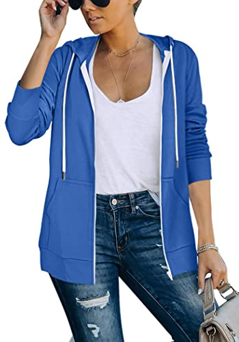 Saloogoe Felpe con cappuccio leggero con zip per le donne felpe con cappuccio a maniche lunghe giacca sottile con cerniera, 02-cielo Blu, Small