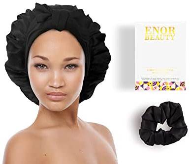 Damen Night Silk Cap - Schützt die Haarfaser - Natürliche Pflege für trockenes und sprödes Haar - Charlotte Schlafschal - Alle Arten von Afro Hollowy Hair - Nachtseide Schlafmütze (Schwarz)