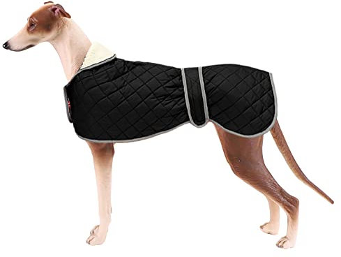 Geyecete - Windhund Warmer wintermantel, Hundemantel mit Dickes Steppfutter, verstellbaren Outdoor Hundejacke mit Geschirr Loch für mittel große Windhunde Whippet Lurcher Saluki -Schwarz-XXXL