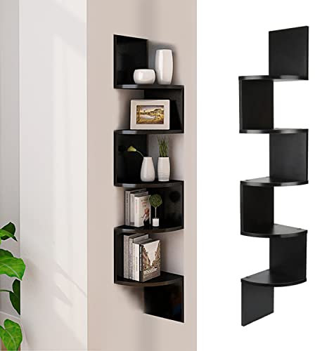 MINGYI Eckregal mit 5 Ebenen, Wandregal aus MDF-Holz, Bücherregal in Zickzack-Form, ca. 20 x 20 x 123 cm (schwarz)