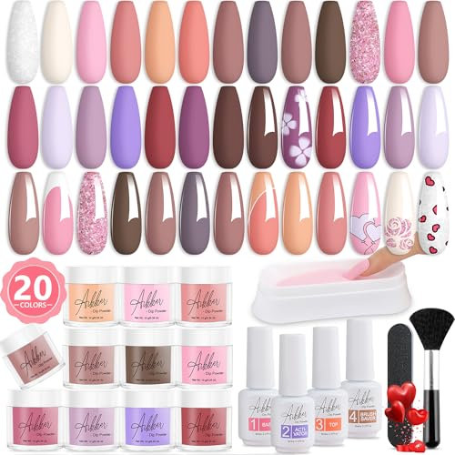 Aikker 27 Pcs Dip Powder Nail Kit Starter 20 Colours Nude Pink Coral Dipping Powder System Essential Liquid Set with Base & Top Coat Activator for French Nail Art Manicure DIY Salon Gift Set AK30