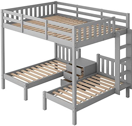 KecDuey Hausbett 140 x 200 cm Über 70 x 140 cm 3-in-1 Kinderhochbett,Hausbett, Etagenbett mit Nachttisch, Grau