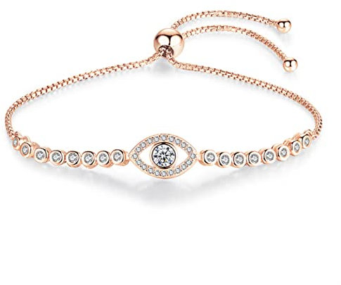 WEITING Bracciali da tennis per donna Lucky Evil Eye Bracciale in argento Sterling 925 Gioielli da uomo Boho Scatola regolabile Catena - Colore oro rosa, max 25 cm