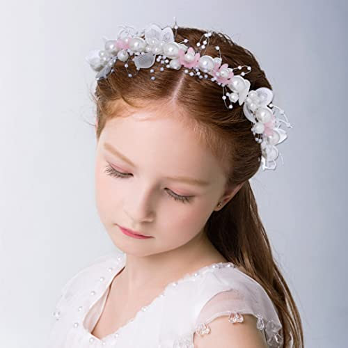 IYOU Pearl Wedding Hair Bands Pink Pearl Bridal Headband Flower Princess Flower Girls Headpiece Hair Accessories for Kids