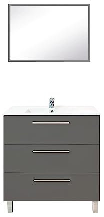 ONDÉE, Meuble à Poser Collection Pallas, Moderne et Pratique, Plan céramique Simple Vasque Extra-Plat 18mm, 3 Tiroirs à Fermeture Progressive, Miroir Assorti Inclus, Largeur 80cm, mélaminé Gris