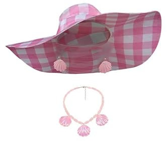 Uyoiun Rosa Karierter Sonnenschirm Hut Strand Sonnenschutz Mode Rollenspiel Kleidung Anime Barbi Cosplay Zubehör Halloween Party übergroße Krempe Hut Halskette Ohrring Sonnenbrille