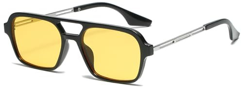 JCTAIFOO Gafas de sol cuadradas vintage de los años 70 para hombre y mujer, modernas, retro, rectángulo, pequeñas sombras, frescas, lindas gafas de moda, Negro-plata/amarillo
