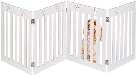 Relaxdays Barrera de Seguridad para Mascotas Plegable, Valla Protectora sin Taladro, 60 x 204 cm, MDF, Blanco, Bambú