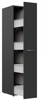 lifestyle4living | Moderner Apothekerschrank Schwarz mit Auszug | 54 cm Tiefe | 4 Einteilungen | Hochschrank 185 cm Höhe
