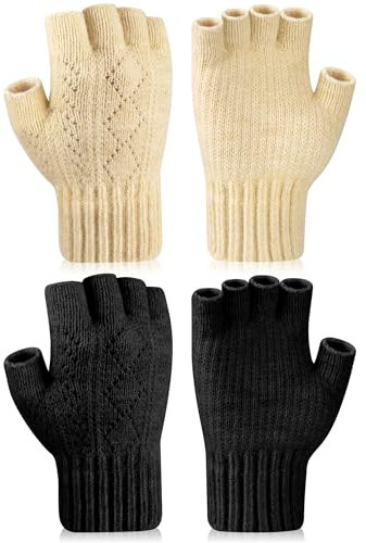 Kiiwah 2 Paare Fingerlose Handschuhe Unisex Warme Winter, Half Finger Mittens Ohne Finger Schwarz Grau Beige für Herren und Damen