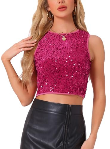 Allegra K Donna Natalizio Top con Paillettes, Scollo A Barchetta, Senza Maniche, Scintillante, Glitterato, per Feste in Discoteca, Serate, Canotta da Festival per Christmas di Natale Rosa Rossa M