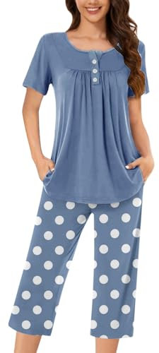 CCOOfhhc Kurze Hose, gestreifter Rundhalsausschnitt, mittellanger Hosenanzug für Damen Sportoberteile Langarm Damen (Blue, XXL)