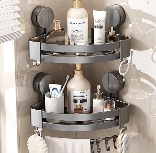 AIWMQYYF Suction Cup Shower Shelf, 2 Pack Shower Caddy, Adhesive Shelf with Hooks, No Drill Bathroom Removable Storage Rack (Triangular Basket with Rod and 4 Hooks)
