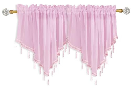 Confezione da 2 morbide mantovane trasparenti per finestre, tende triangolari con perline per appenderle, piccola mantovana per soggiorno, camera da letto, bagno, fattoria, 129,5 x 58,4 cm (rosa)