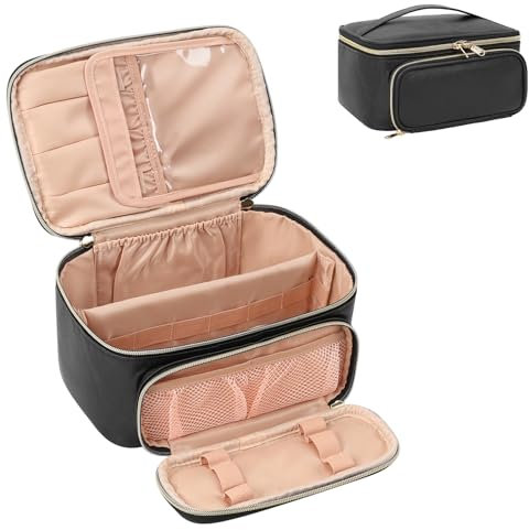 Make-up-Tasche, Tragbare Kosmetische Tasche, Reise-Make-up-Fall-Organisator der großen Kapazität, Schwarz für Frauen-Toilettentasche für Mädchen, die mit Griff und Teiler Reisen (B-schwarz)