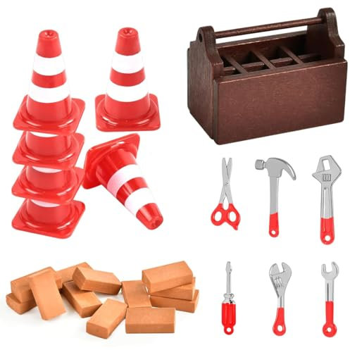 Wichtel Zubehör Baustelle, 25 Pcs Miniatur Wichtelzubehör Baustelle Set für Wichteltür Weihnachten Deko und Puppenhaus,DIY wichtel Baustelle Einzug mit Pylonen Werkzeug-Set