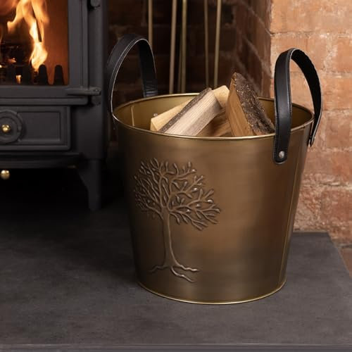 CHARLES BENTLEY Snug Mulberry Small Leather Handle Log Bucket, Metal, Leather, Antique Gold Coloured, Timeless Style, Tree Logo, 4kg Log Capacity, Rustic, Powder Coated, Fireside, 1.4kg (35x35x31cm)