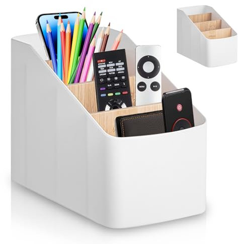 WIYETY Organizador de escritorio con mando a distancia: organizador de mesa con 4 compartimentos de plástico, mando a distancia para TV, aire acondicionado, bolígrafos, artículos de papelería, ahorro