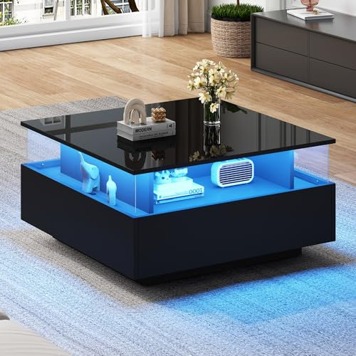 BTM Table Basse Carrée avec Éclairage LED, Table Basse Noire avec 2 Tiroirs et Compartiments en Verre, Table de Salon Moderne, Charge de 30kg, 70x70x41cm