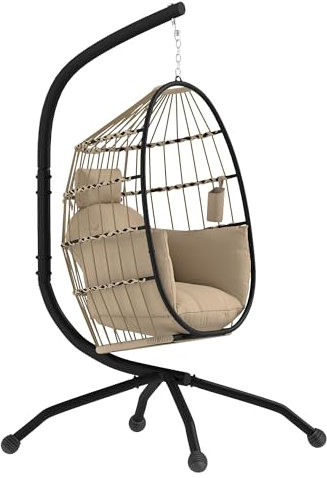 Outsunny Hanging Egg Chair Outdoor Indoor Garden Swing Chair with Folding Basket and Thickened Cushion, Garden Hanging Chair with Stand, Headrest, Cup Holder for Patio, Balcony, Khaki