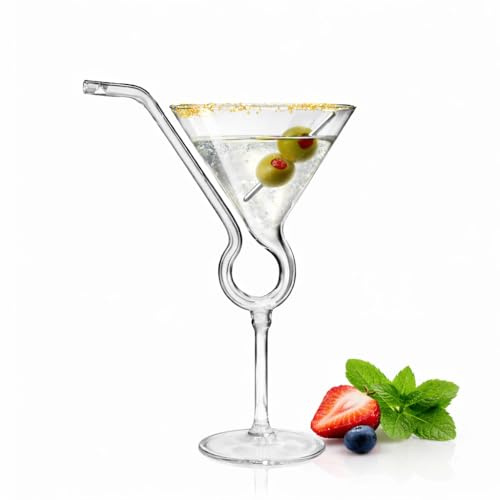 bar@drinkstuff Martini Sipper Cocktail Glasses Pack of 4 – 175ml / 6oz Fairytale Cocktail Glass Set with Built-in Straw Stem