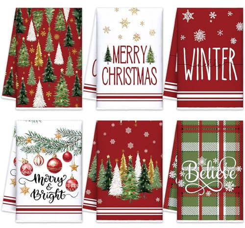 Oudain 6 toallas de cocina de Navidad, color rojo y verde, paños de cocina decorativos a cuadros, decoración de Navidad para cocina, baño, decoración del hogar, regalos de inauguración de la casa