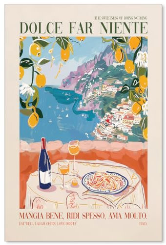 OMANI Lienzo decorativo para pared, diseño de paisaje de viaje italiano, pasta, vino, comida, póster colorido retro con cita de la naturaleza, impresiones para comedor, cocina, decoración de pared, 61