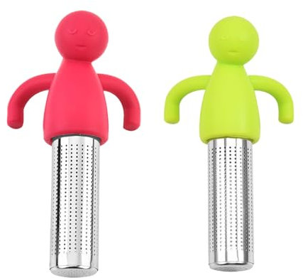 HUATEEN Stainless Steel Tea Cup Strainer,2 Pcs Human-Shaped Tea Infuser Reusable Cute Loose Leaf Tea Infuser Silicone Tea Diffuser for Teapots Cups Mugs to Brewing Steeping Loose Leaf(Green+Red)