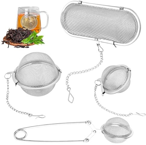 4 Stück Gewürzsieb, Edelstahl Teesieb, Gewürzsieb zum Mitkochen mit Kette, Gewürzkugel, Tee Ei Sieb für Losen Tee, Gewürze und Gewürze (Elliptisch, Kreisförmig)